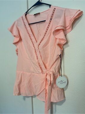 Milk & Honey Blush Pink Wrap Blouse with Flutter Sleeves